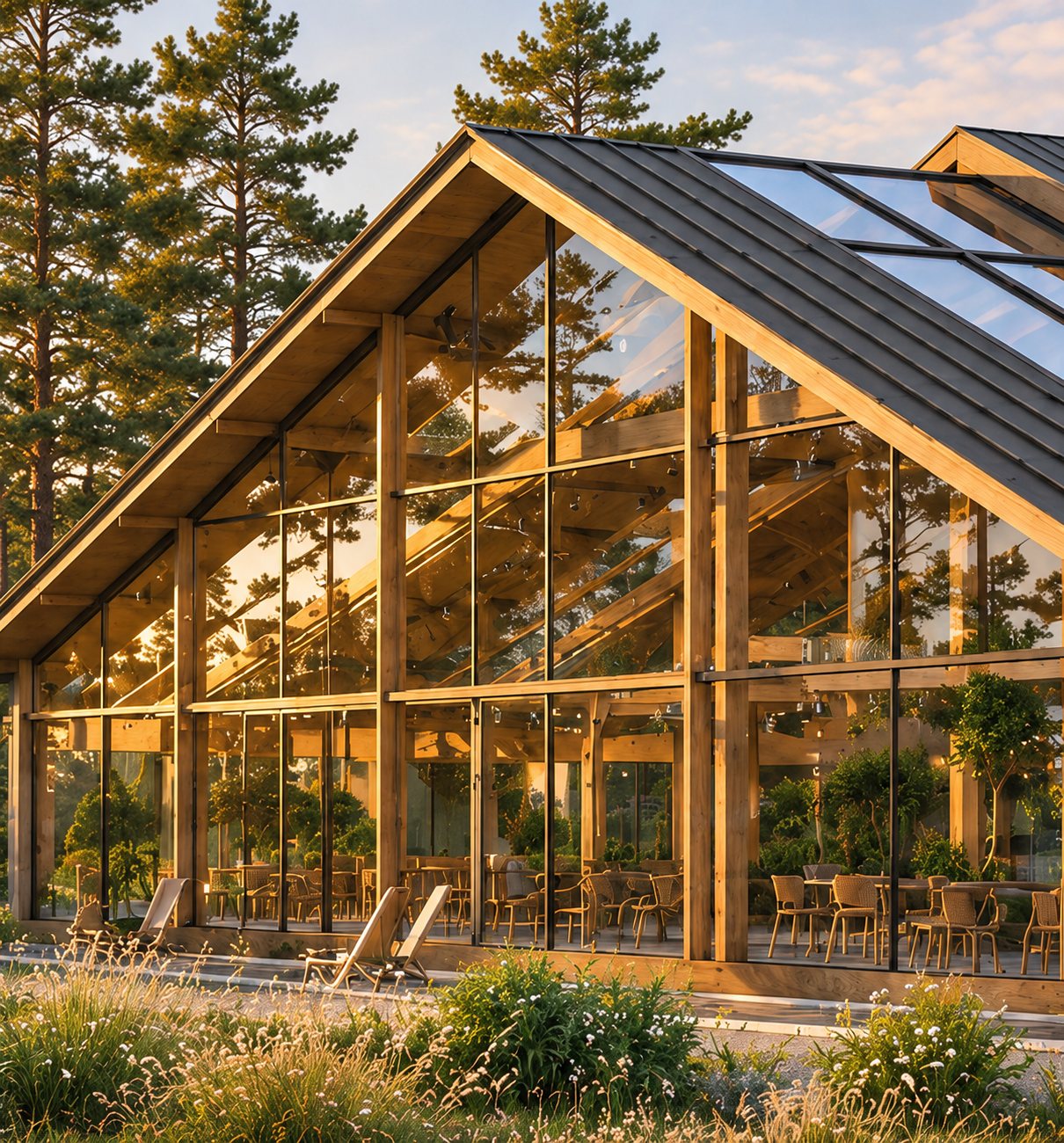 Glass-gabled timber dining hall among pines at golden hour